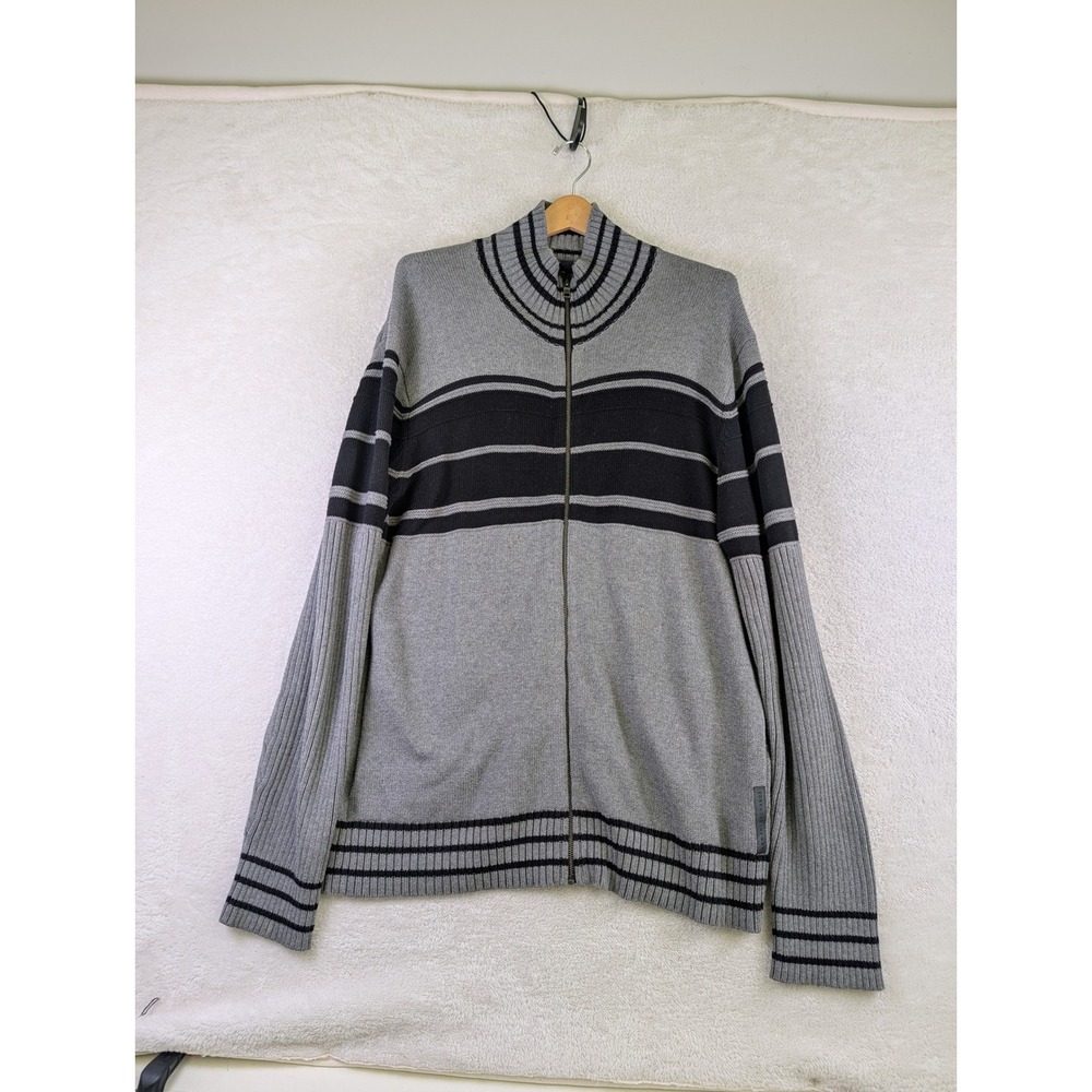 Armani Exchange Mens XXL Gray Black Striped Full Zip Ribbed Mock Neck Sweater